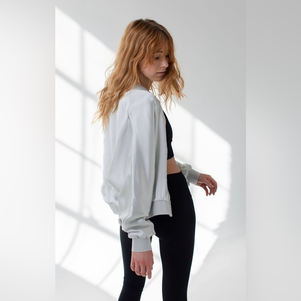 Savvi Lucy Satin Bomber Jacket in Silver - Picture 7 of 12